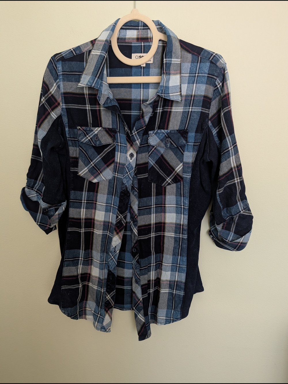 Cisono Plaid Collection Blue Plaid Button Down Shirt Size Large